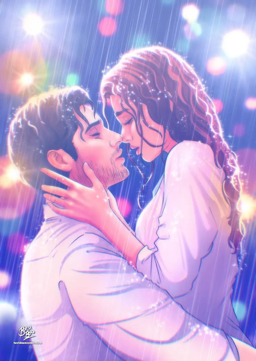 Dibujo de pareja bajo la lluvia, inmortalizando un momento especial con estilo de cómic. Ideal como regalo personalizado o para decorar tu hogar con un recuerdo único - Tu Vida en Cómic - Caricaturista Valencia