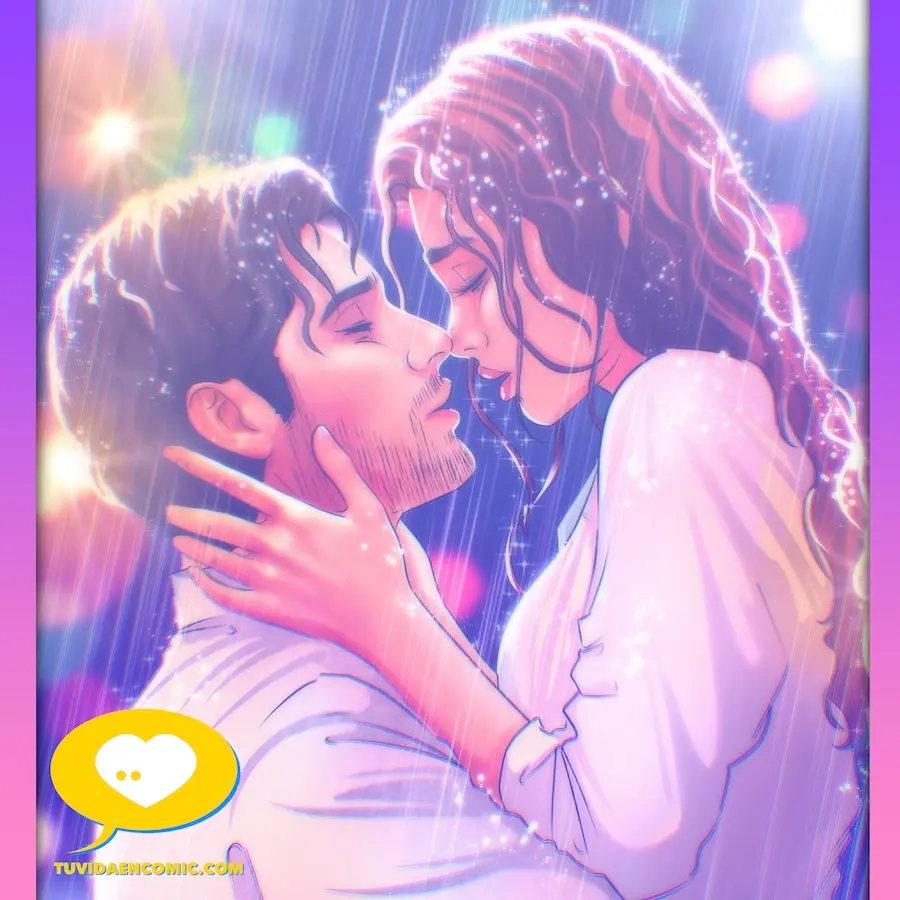 Ilustración personalizada de una pareja besándose bajo la lluvia. El estilo de cómic captura un momento de despedida emotiva entre los protagonistas. Ideal para inmortalizar momentos especiales como bodas o despedidas significativas Dibujo de pareja bajo la lluvia, inmortalizando un momento especial con estilo de cómic. Ideal como regalo personalizado o para decorar tu hogar con un recuerdo único - Tu Vida en Cómic - Caricaturista Valencia