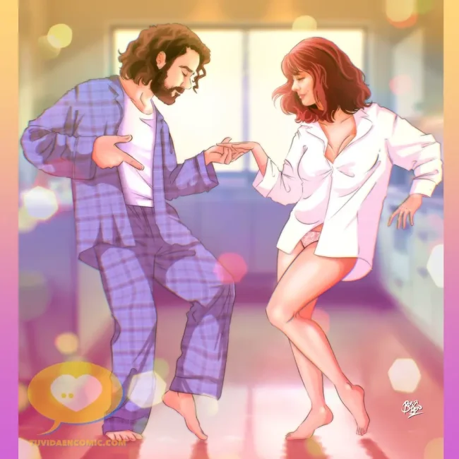Ilustración personalizada de una pareja bailando en la cocina, enmarcada y decorando una cocina moderna. Un regalo romántico y original para parejas - ilustraciones personalizadas parejas