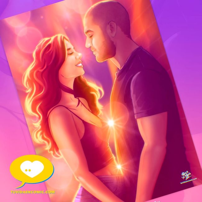 ilustracion-pareja-personalizada-regalo-romantico – Tu Vida en Cómic – Regalo de San Valentín Ilustración digital personalizada de una pareja mirándose con amor, con tonos cálidos y vibrantes que transmiten emociones profundas. Regalo perfecto para aniversarios y San Valentín