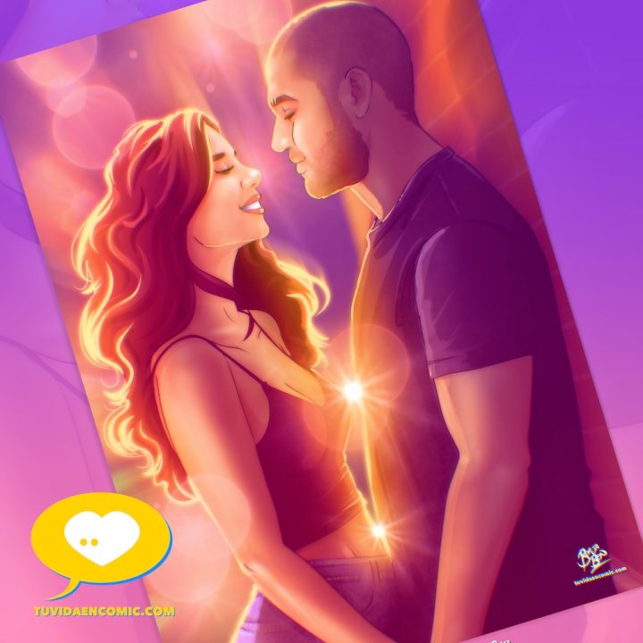 Ilustración digital personalizada de una pareja mirándose con amor, con tonos cálidos y vibrantes que transmiten emociones profundas. Regalo perfecto para aniversarios y San Valentín