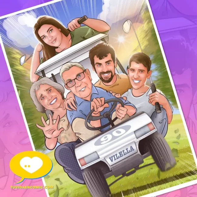 Ilustración personalizada de abuelos y nietos en coche de golf - regalo para los abuelos - Tu Vida en Cómic