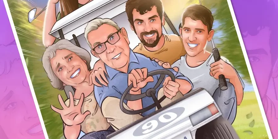 ilustracion-personalizada-abuelos-nietos-coche-golf-regalo-para-los-abuelos-Tu-Vida-en-Comic Ilustración personalizada de abuelos y nietos en coche de golf - regalo para los abuelos - Tu Vida en Cómic