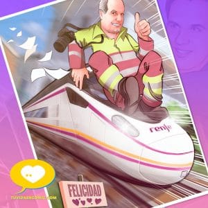 Ilustración final de un maquinista jubilado sobre su último tren de RENFE, representando el cierre de su carrera con emoción y dinamismo