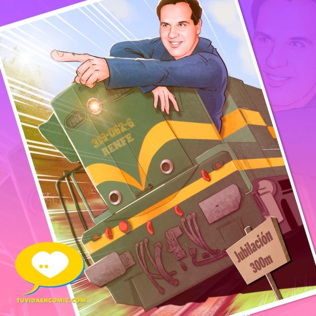 Ilustración final de un maquinista sobre su primer tren en RENFE, con un letrero indicando la proximidad de su jubilación