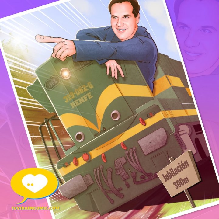 ilustracion-tren-historico-renfe-jubilacion – tu vida en cómic – regalo-de-jubilación-renfe Ilustración final de un maquinista sobre su primer tren en RENFE, con un letrero indicando la proximidad de su jubilación