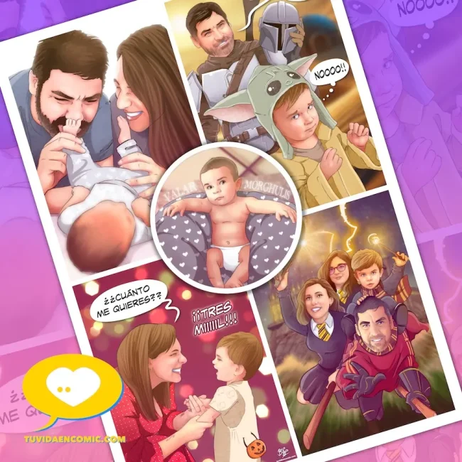 regalo-dia-del-padre-comic-personalizado – tu vida en cómic – regalos personalizados – ilustraciones personalizadas Lámina de cómic personalizada como regalo del Día del Padre, con ilustraciones emotivas de la familia. Tu Vida en Cómic