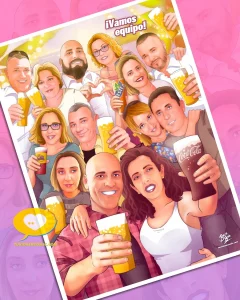 Caricatura de grupo como Regalo de boda original entre amigos – Ilustración grupal personalizada