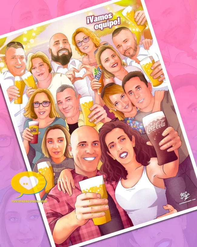 Caricatura de grupo como Regalo de boda original entre amigos – Ilustración grupal personalizada
