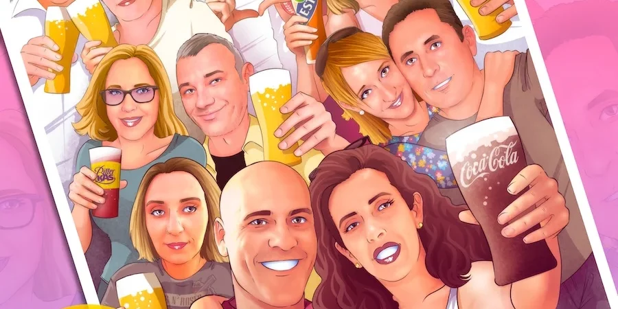 Caricatura de grupo como Regalo de boda original entre amigos – Ilustración grupal personalizada Caricatura de grupo como Regalo de boda original entre amigos – Ilustración grupal personalizada
