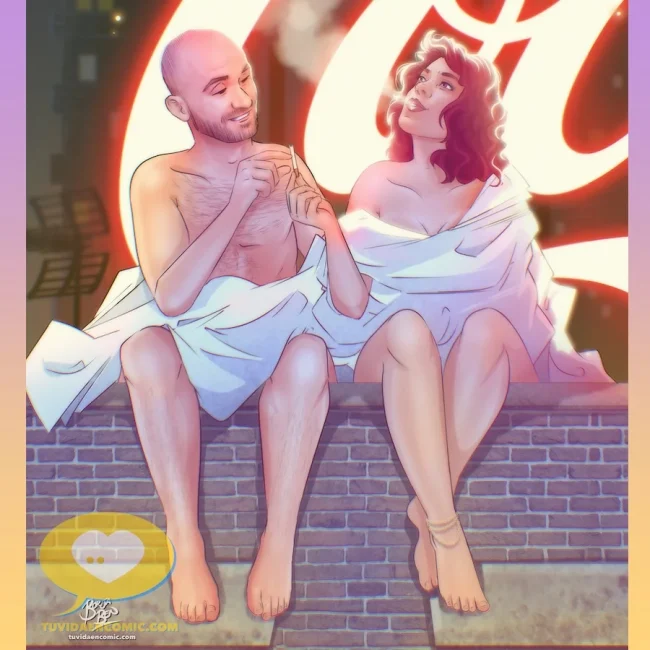 Ilustración personalizada - caricatura personalizada - compartiendo un cigarro - noches en la azotea - regalo romántico - regalo de pareja