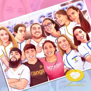 Ilustración personalizada de un grupo de compañeros de una clínica, como regalo de despedida para una compañera de trabajo. Aparecen sonrientes, con uniformes, en una escena que transmite cariño, unión y reconocimiento.