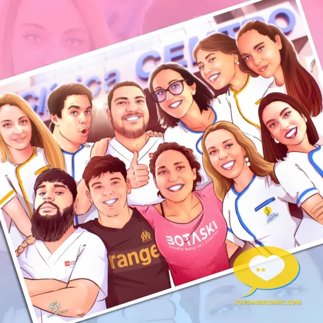 ilustracion-personalizada-despedida-companera-trabajo-tuvidaencomic-regalo-empresa Ilustración personalizada de un grupo de compañeros de una clínica, como regalo de despedida para una compañera de trabajo. Aparecen sonrientes, con uniformes, en una escena que transmite cariño, unión y reconocimiento.