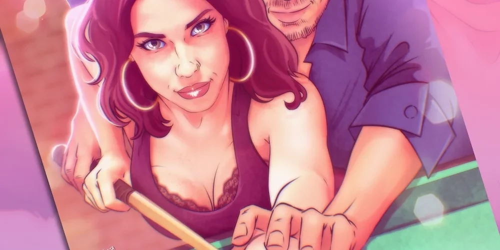 Ilustración personalizada de una pareja durante su primer encuentro en un bar con billar. Escena sensual, con luz onírica, tensión emocional y erotismo elegante. Arte emocional creado a mano. Tu Vida en Cómic. Regalo de pareja original y romántico.