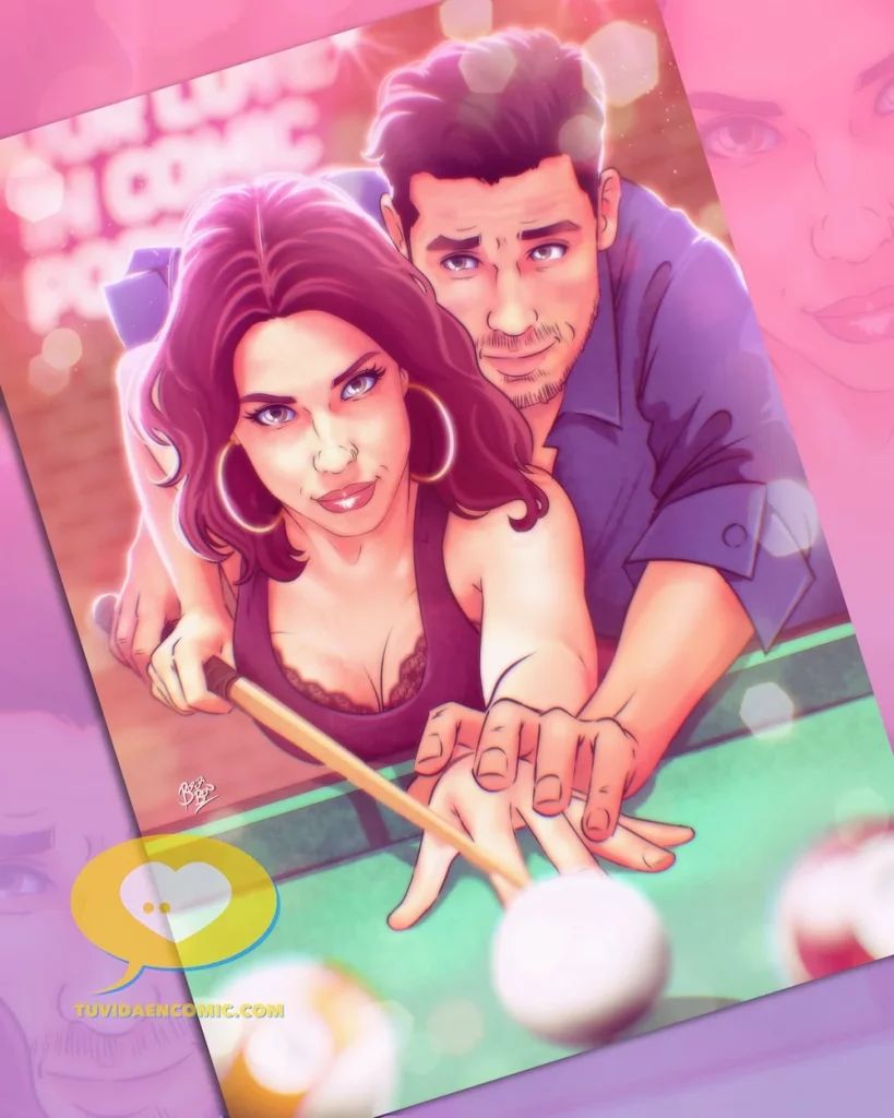 Ilustración personalizada de una pareja durante su primer encuentro en un bar con billar. Escena sensual, con luz onírica, tensión emocional y erotismo elegante. Arte emocional creado a mano. Tu Vida en Cómic. Regalo de pareja original y romántico.