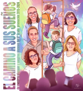 Regalo de fin de curso para las profesoras. Ilustración de grupo con toda la clase y las profes.