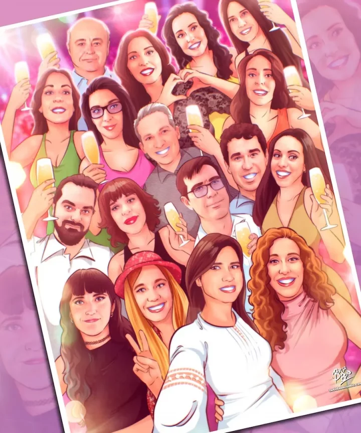 ilustracion-personalizada-regalo-boda-amiga-tuvidaencomic. Ilustración personalizada como regalo de boda entre amigas. Escena grupal dibujada con detalles emocionales, creada por Tu Vida en Cómic.