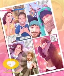 Cómic personalizado como regalo de boda, hecho a mano, que narra la historia de amor de una pareja desde sus inicios hasta el "sí, quiero".