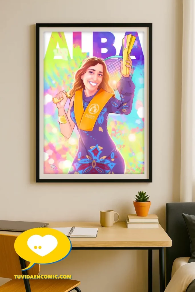 Cuadro cuadro con la Ilustración personalizada como regalo de graduación para una tenista. Obra a color realizada por Borja Ben en tuvidaencomic.com. Universidad de Valencia, arte emotivo y único.