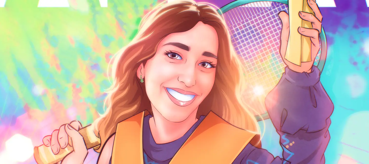 Zoom en detalle de una parte de una Ilustración personalizada como regalo de graduación para una tenista. Obra a color realizada por Borja Ben en tuvidaencomic.com. Universidad de Valencia, arte emotivo y único.