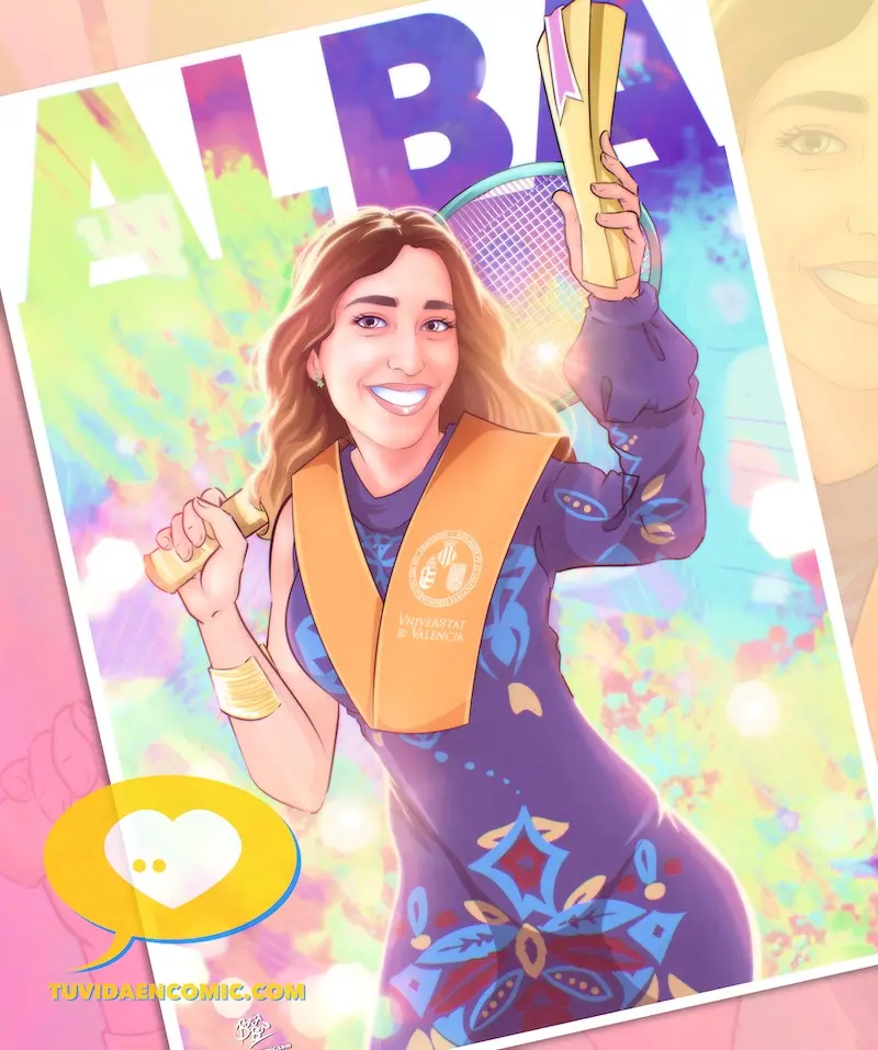 Ilustración personalizada como regalo de graduación para una tenista. Obra a color realizada por Borja Ben en tuvidaencomic.com. Universidad de Valencia, arte emotivo y único.