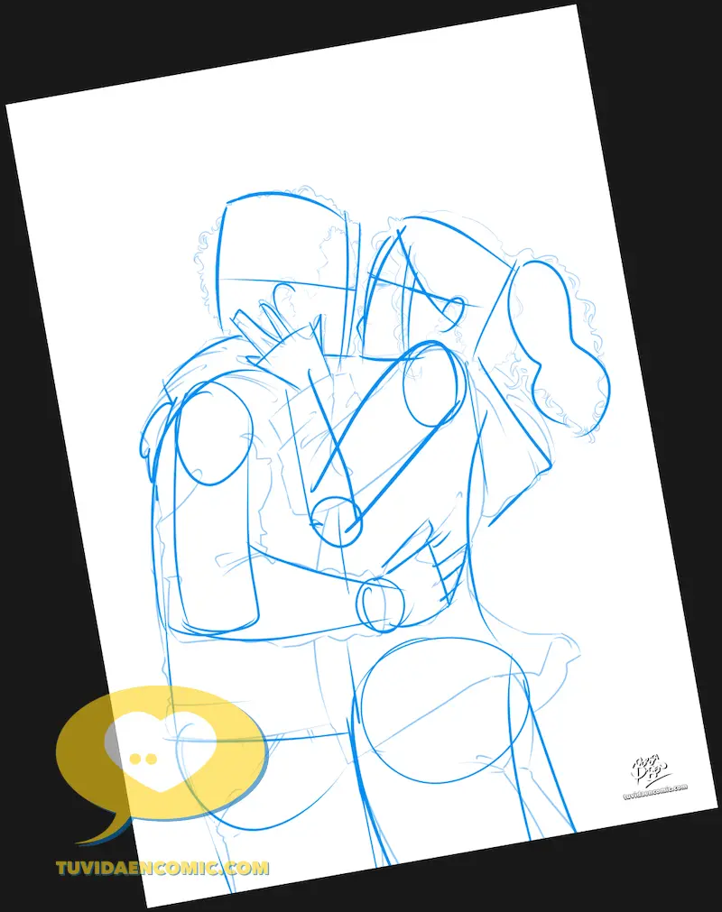 Boceto y lineart de una ilustración personalizada de pareja, proceso artístico hecho sin IA para inmortalizar un primer beso.