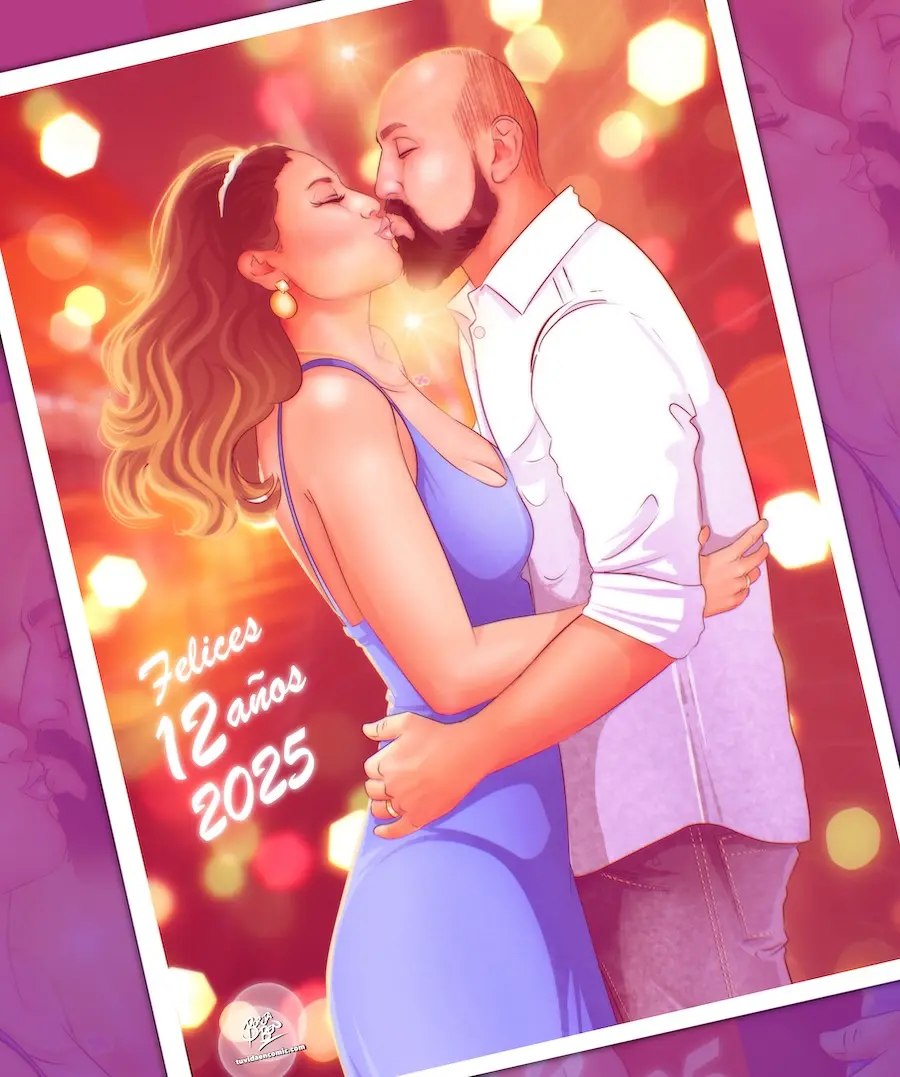Composición creativa de una ilustración romántica como regalo personalizado de aniversario para una pareja.