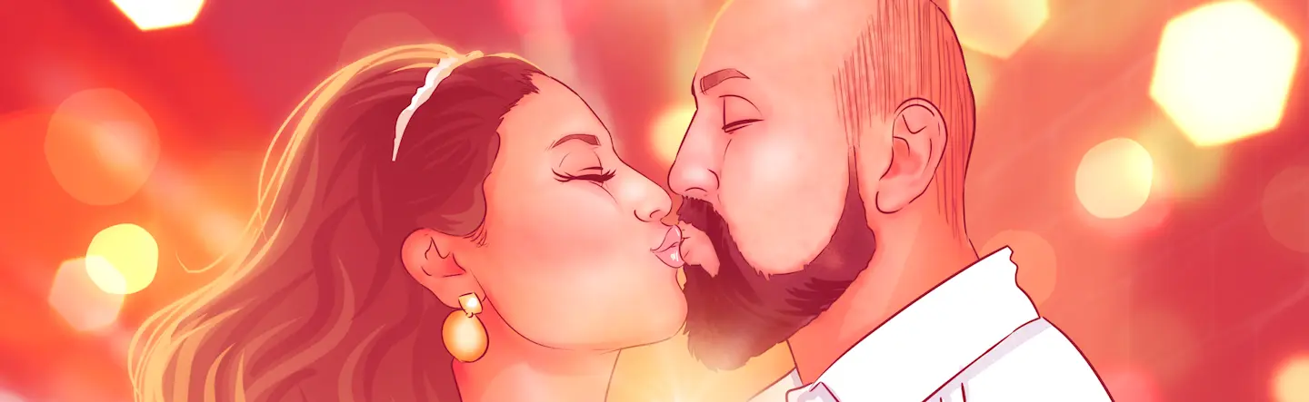 Primer plano del beso entre una pareja en una ilustración personalizada de aniversario. Fondo cálido y romántico.