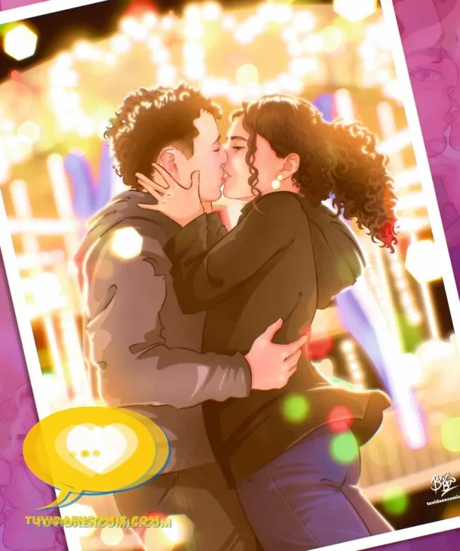 ilustracion-personalizada-pareja-beso-feria-tiovivo-tu-vida-en-comic-regalo-romantico-caricatura-personalizada Ilustración personalizada de pareja besándose frente a un tiovivo en la feria, un regalo romántico y original hecho a mano.
