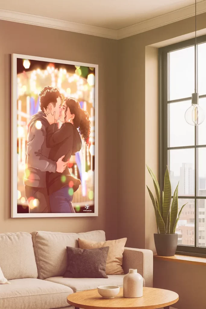 Ilustración personalizada de pareja besándose frente a un tiovivo en la feria. Impreso y colgado en la pared.