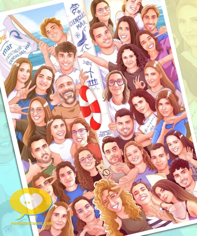 ilustracion-personalizada-promocion-universitaria-fin-de-curso-tu-vida-en-comic-caricatura-de-grupo-ilustracion-grupal-regalo-grupal Ilustración personalizada de grupo para promoción universitaria, regalo original de profesores a alumnos. Ilustración de la Facultad de Ciencias del Mar (ULPGC), promoción 2021-2025