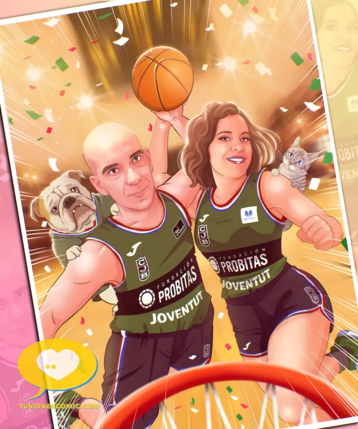 ilustracion-personalizada-regalo-de-boda-original-baloncesto-tu-vida-en-comic-regalo-grupal Ilustración personalizada creada como regalo de boda original para una pareja apasionada del baloncesto. Una escena divertida y emotiva encargada por sus amigos para inmortalizar su historia y sus mascotas.