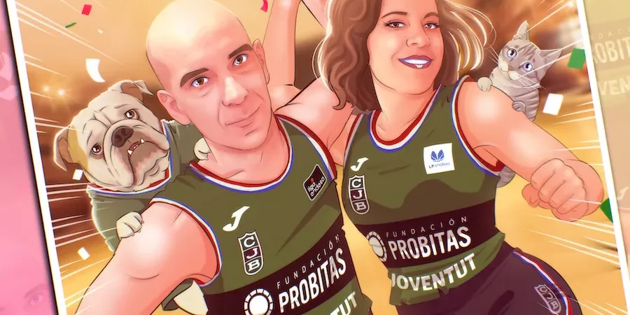 Ilustración personalizada creada como regalo de boda original para una pareja apasionada del baloncesto. Una escena divertida y emotiva encargada por sus amigos para inmortalizar su historia y sus mascotas.