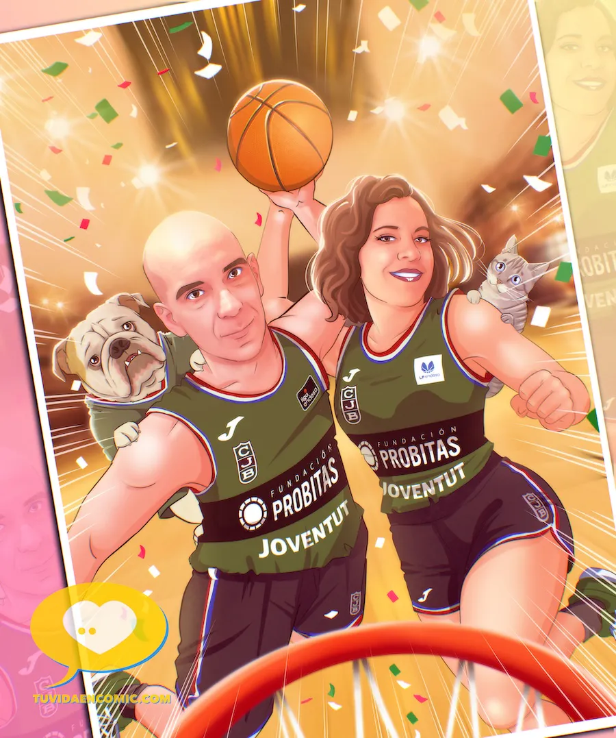Ilustración personalizada creada como regalo de boda original para una pareja apasionada del baloncesto. Una escena divertida y emotiva encargada por sus amigos para inmortalizar su historia y sus mascotas.