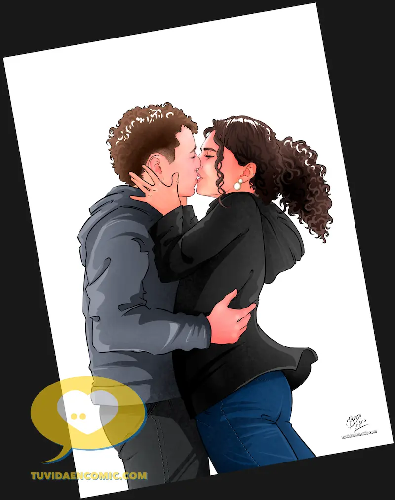Proceso de coloreado de una ilustración personalizada de pareja, proceso artístico hecho sin IA para inmortalizar un primer beso.