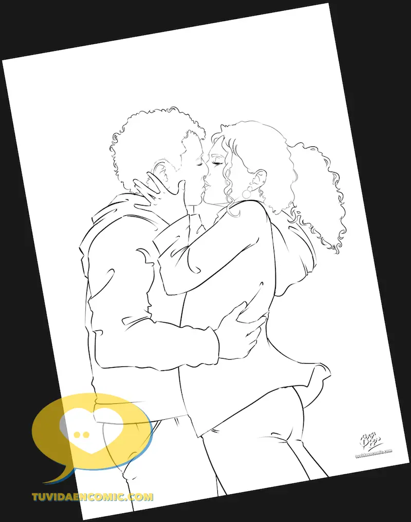 Boceto y lineart de una ilustración personalizada de pareja, proceso artístico hecho sin IA para inmortalizar un primer beso.