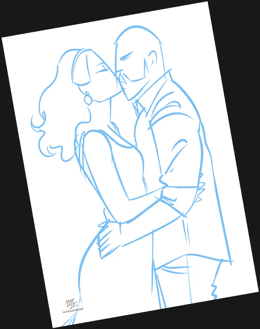 Boceto azul del dibujo de una pareja besándose como parte del proceso de una ilustración personalizada de aniversario.