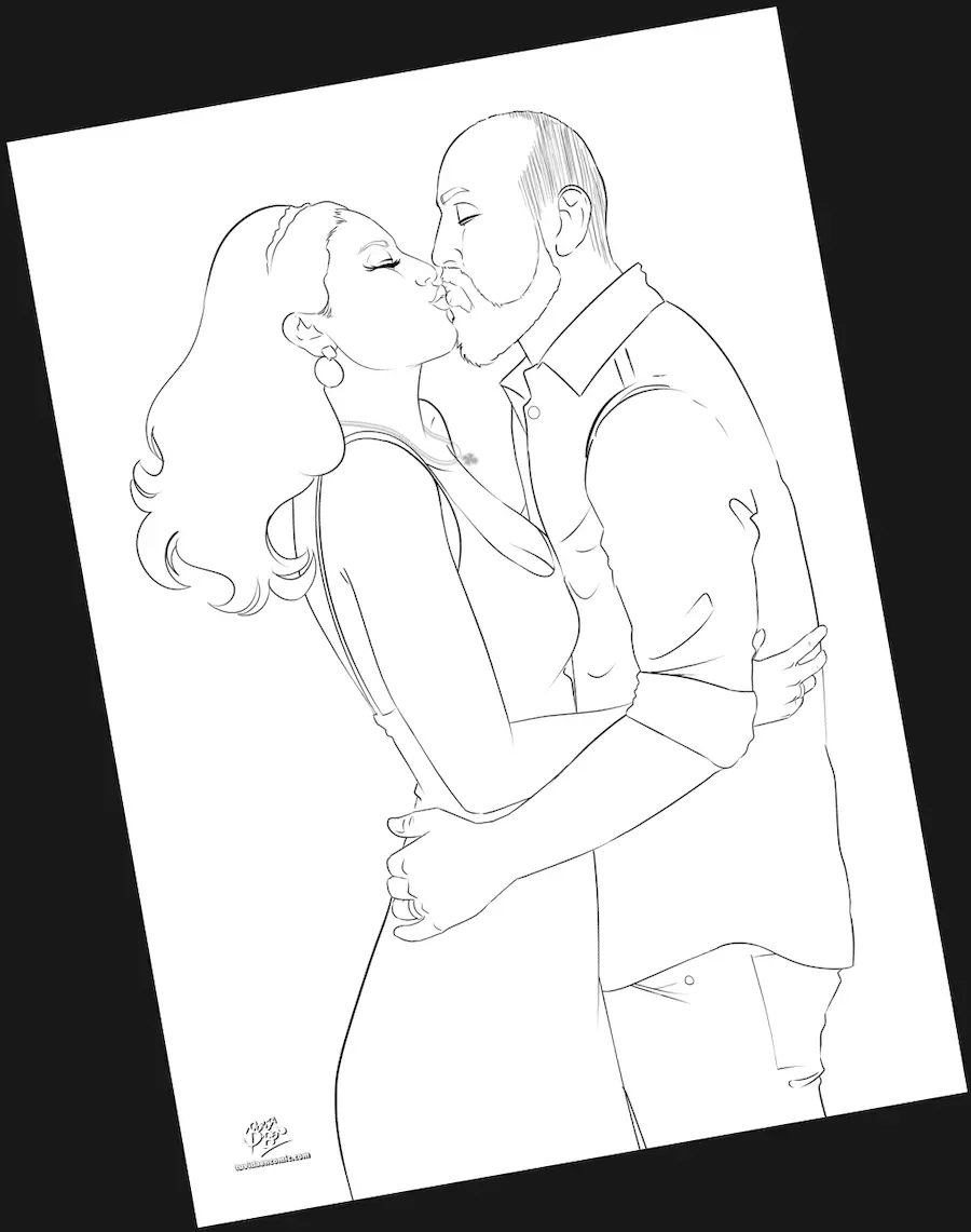 Dibujo a línea de la pareja antes del color, parte del proceso creativo del regalo personalizado.
