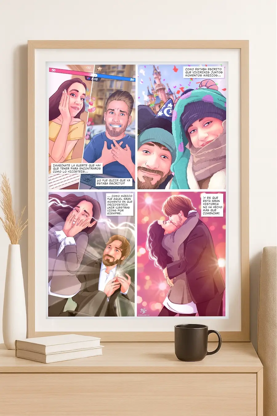 Regalo de aniversario para mi pareja en forma de cómic personalizado contando nuestra historia de amor - Tu Vida en Cómic - Impreso y colgado en la pared