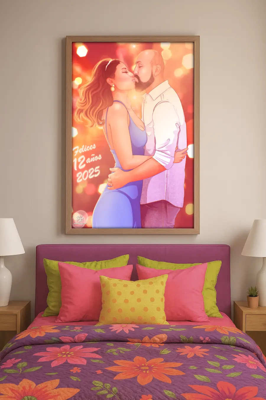 Composición creativa de una ilustración romántica como regalo personalizado de aniversario para una pareja. Impreso y colgado en la pared enmarcado
