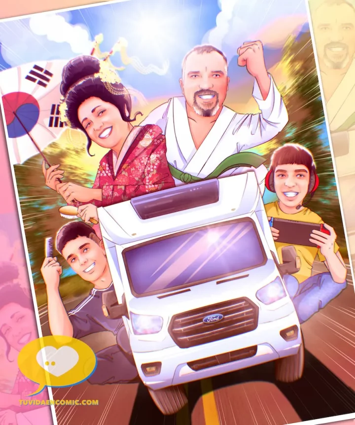 regalo-familiar-original-ilustracion-personalizada-divertida-tu-vida-en-comic-regalo-para-mi-marido Ilustración personalizada familiar: madre, padre y tres hijos sobre una autocaravana, con atuendos y objetos que representan su personalidad. Regalo original y divertido hecho a mano. Regalo para mi marido