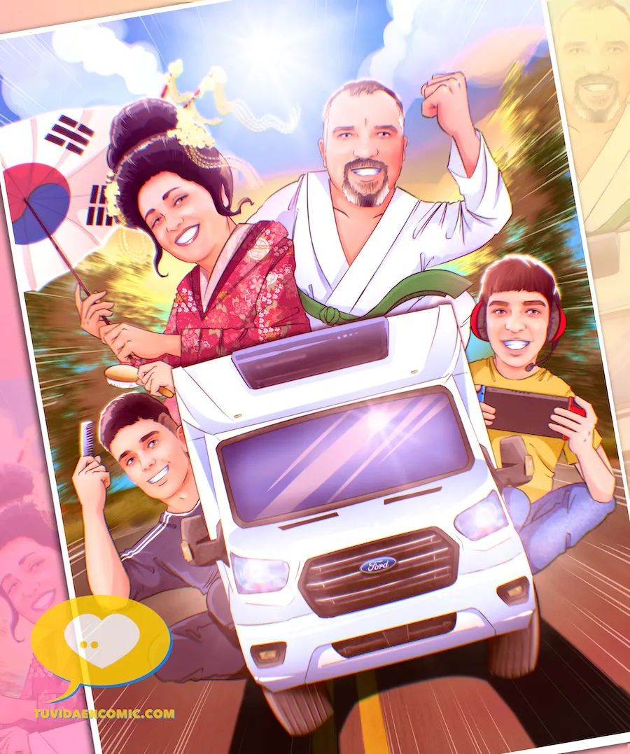 Ilustración personalizada familiar: madre, padre y tres hijos sobre una autocaravana, con atuendos y objetos que representan su personalidad. Regalo original y divertido hecho a mano. Regalo para mi marido