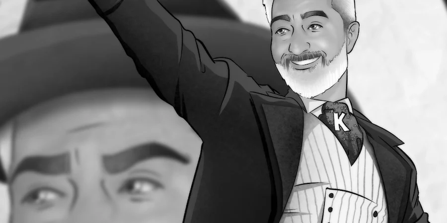 Ilustración personalizada en blanco y negro de un hombre mayor representado como protagonista de una película clásica. Regalo original y emotivo para su despedida laboral, inspirado en el estilo del cine de los años 40.