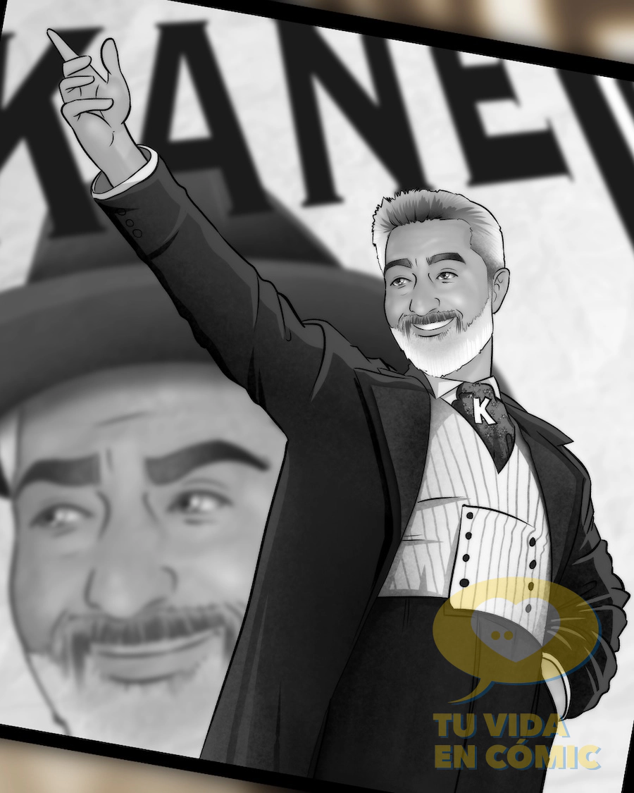 Ilustración personalizada en blanco y negro de un hombre mayor representado como protagonista de una película clásica. Regalo original y emotivo para su despedida laboral, inspirado en el estilo del cine de los años 40.