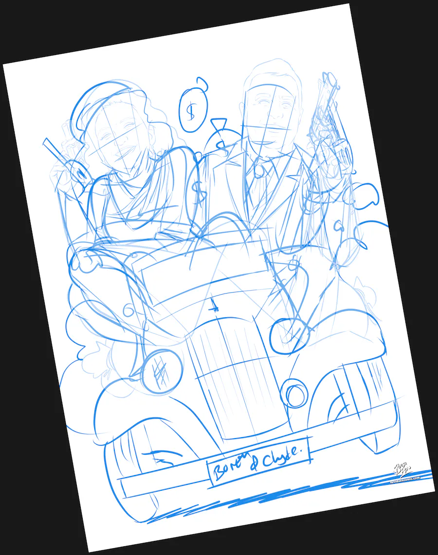 Boceto inicial de la ilustración personalizada Bonnie & Clyde para regalo de boda