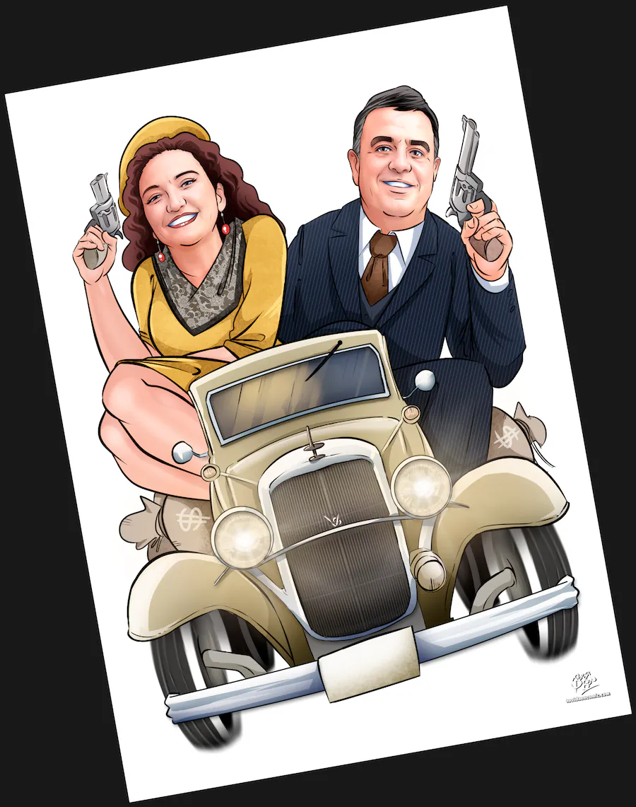 Proceso de coloreado de la ilustración personalizada Bonnie & Clyde para regalo de boda.