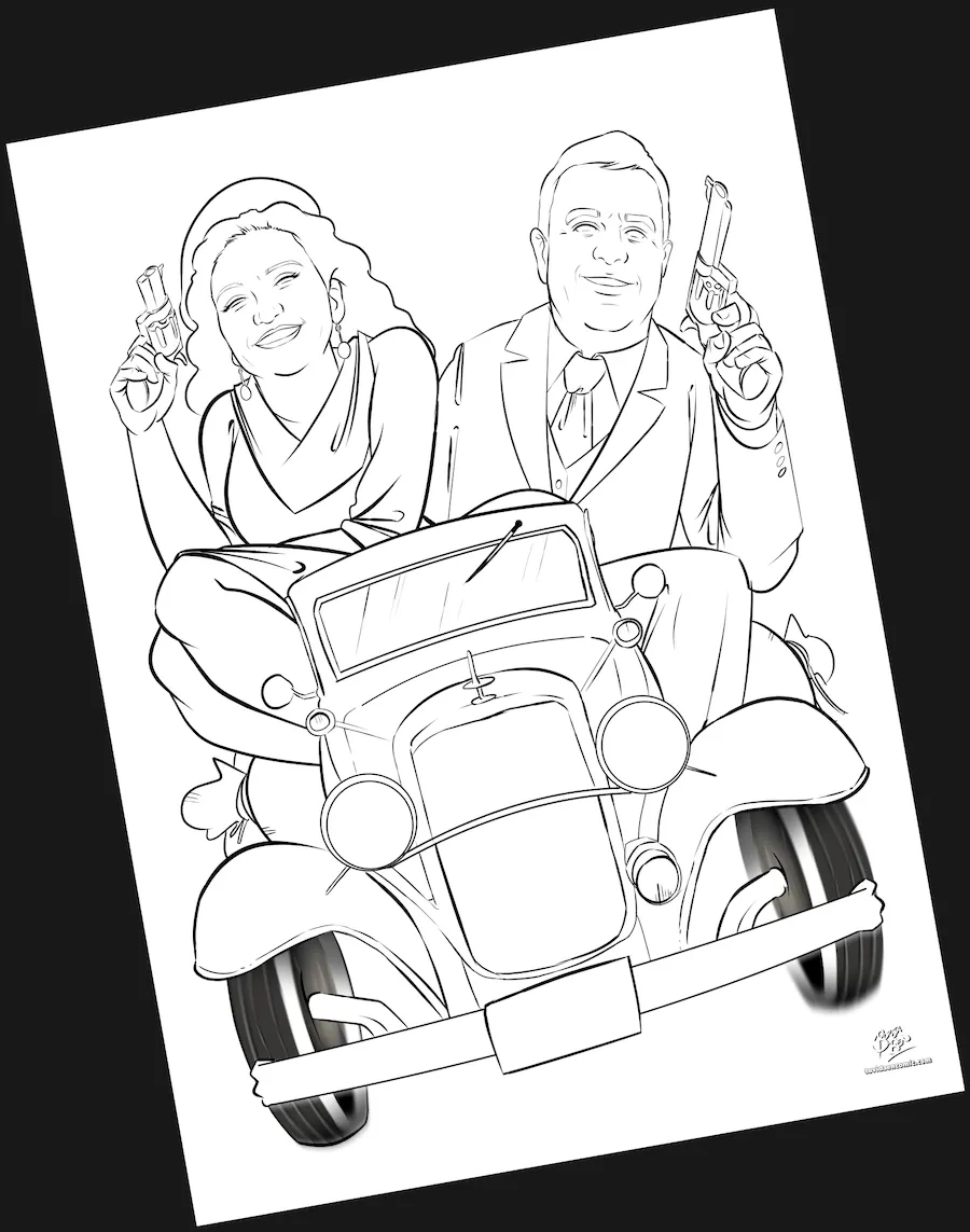 Dibujo lineal (lineart) de la ilustración personalizada Bonnie & Clyde para regalo de boda