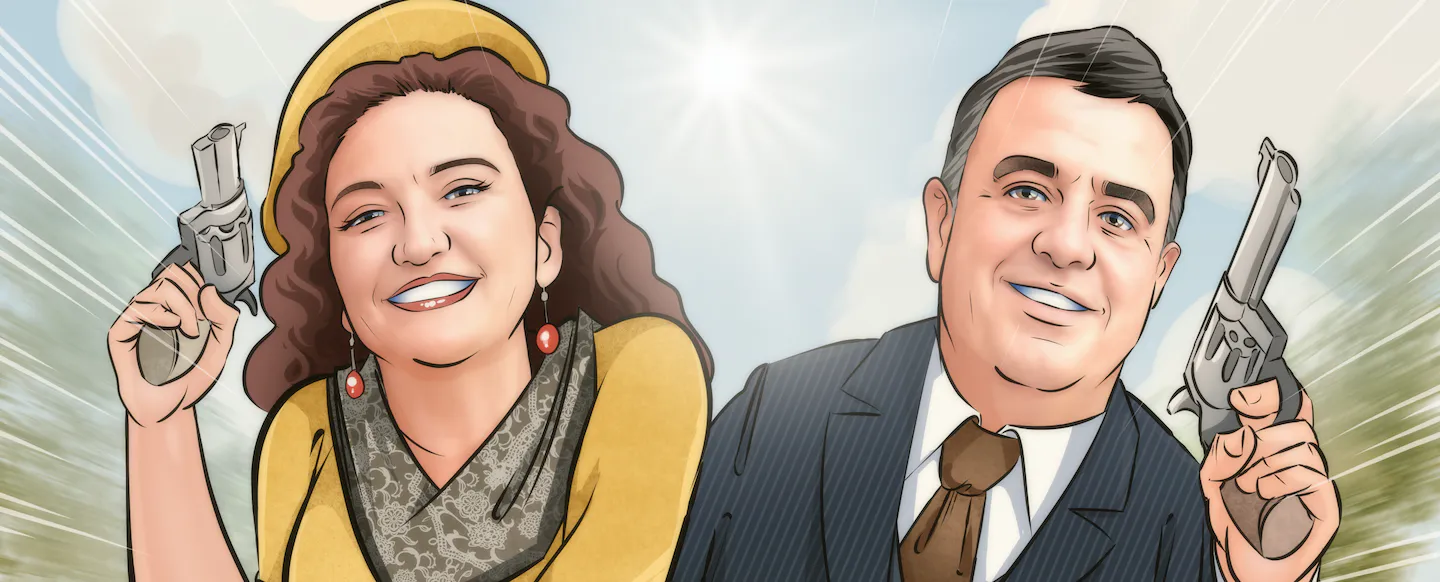 Detalle ampliado de la ilustración personalizada Bonnie & Clyde para regalo de boda.