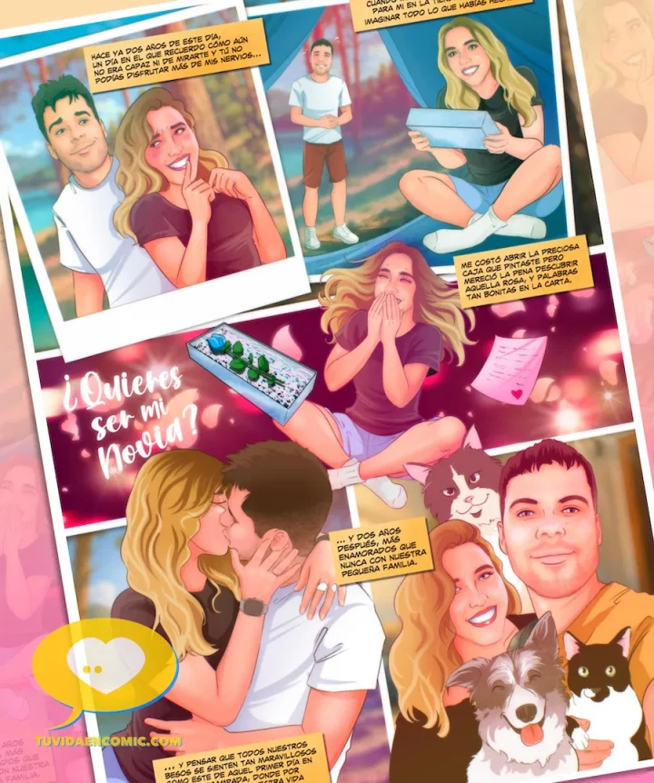 Lámina personalizada en formato cómic que muestra una historia real de pareja: su primer beso convertido en cómic como regalo de aniversario. cómic personalizado. Ilustración romántica lista para colgar en la pared.