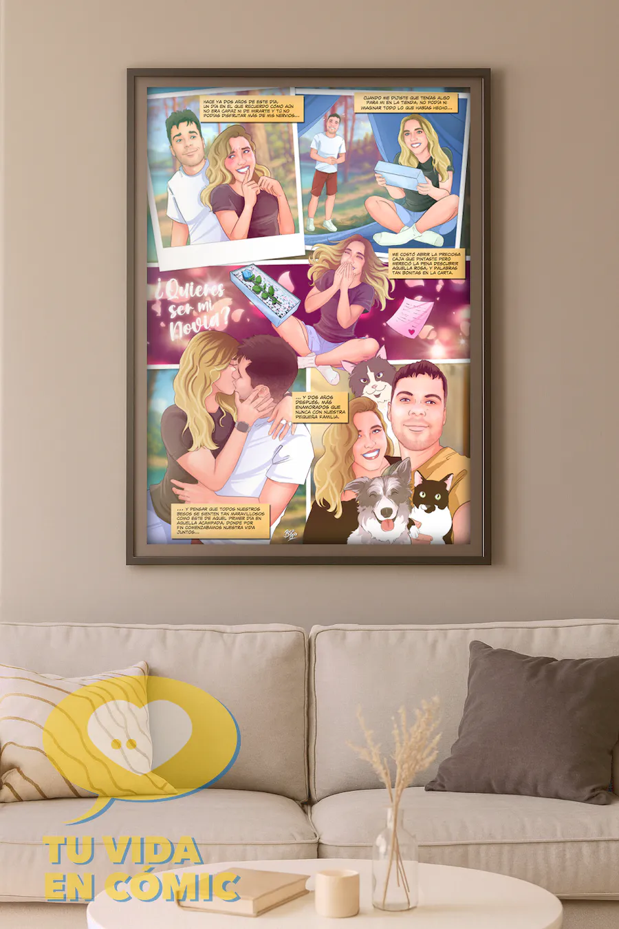 Lámina personalizada en formato cómic que muestra una historia real de pareja: su primer beso convertido en cómic como regalo de aniversario. cómic personalizado. Ilustración romántica impresa y colgada en la pared